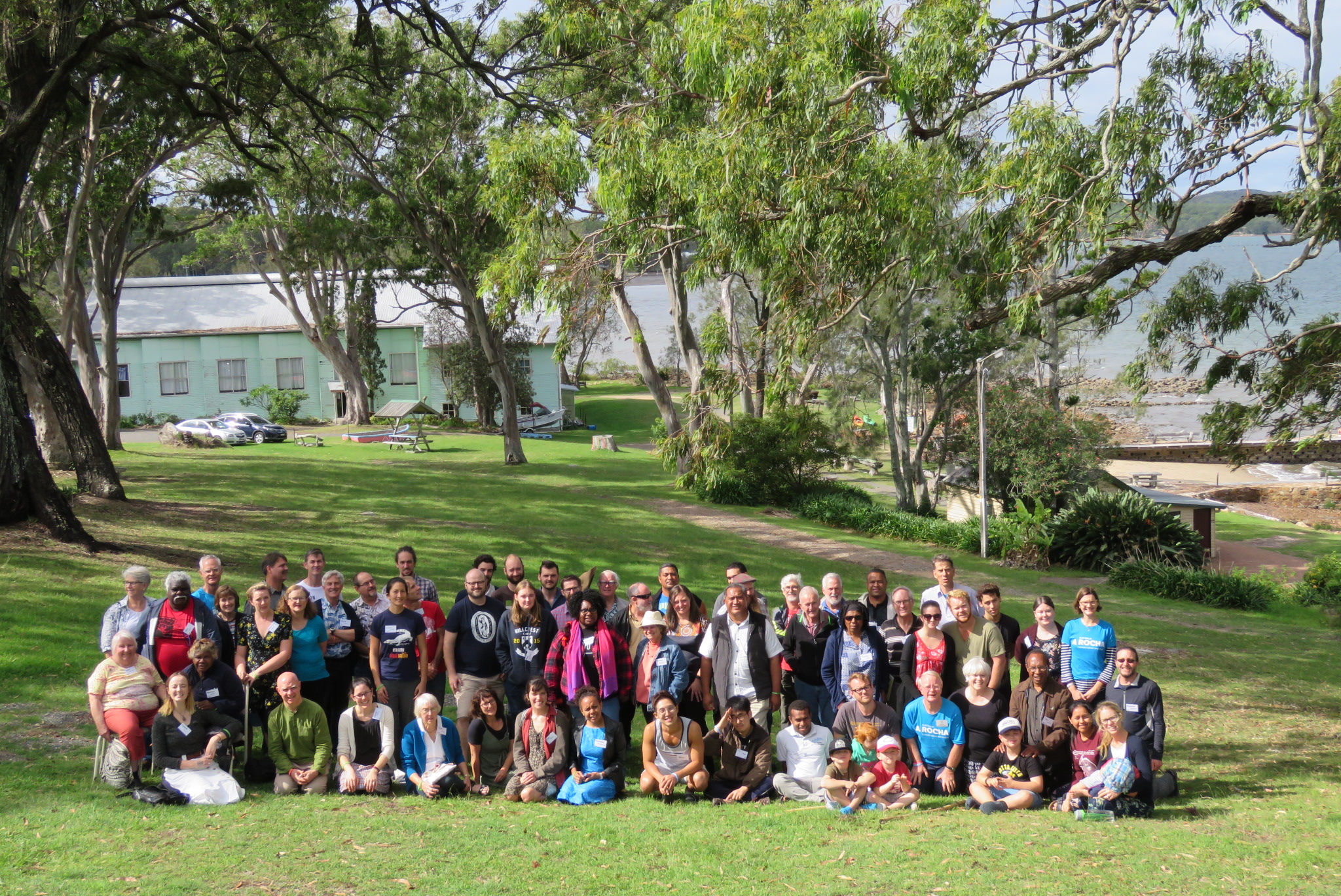 Photo of attendees at the formative A Rocha Australia gathering at Tahlee in Spring 2015, overlooking the shoreline.