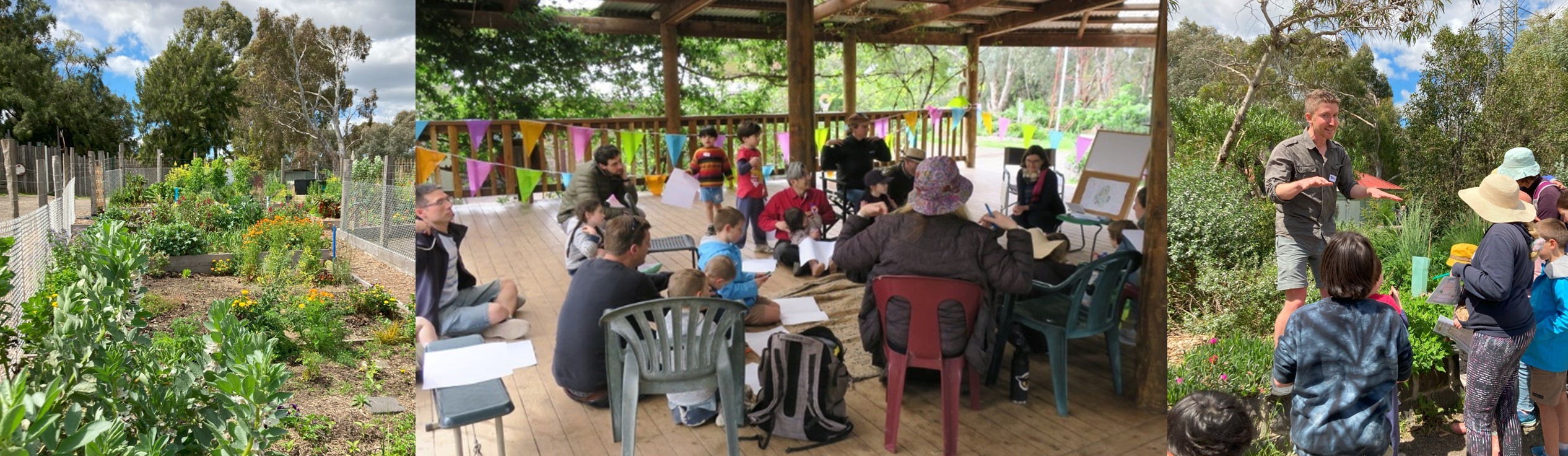 Photos of a vegetable garden, a group of people sitting in a seminar, and a garden talk at the CERES Environment Park in East Brunswick