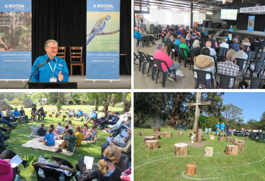 four pictures of talks and outdoor workship activities